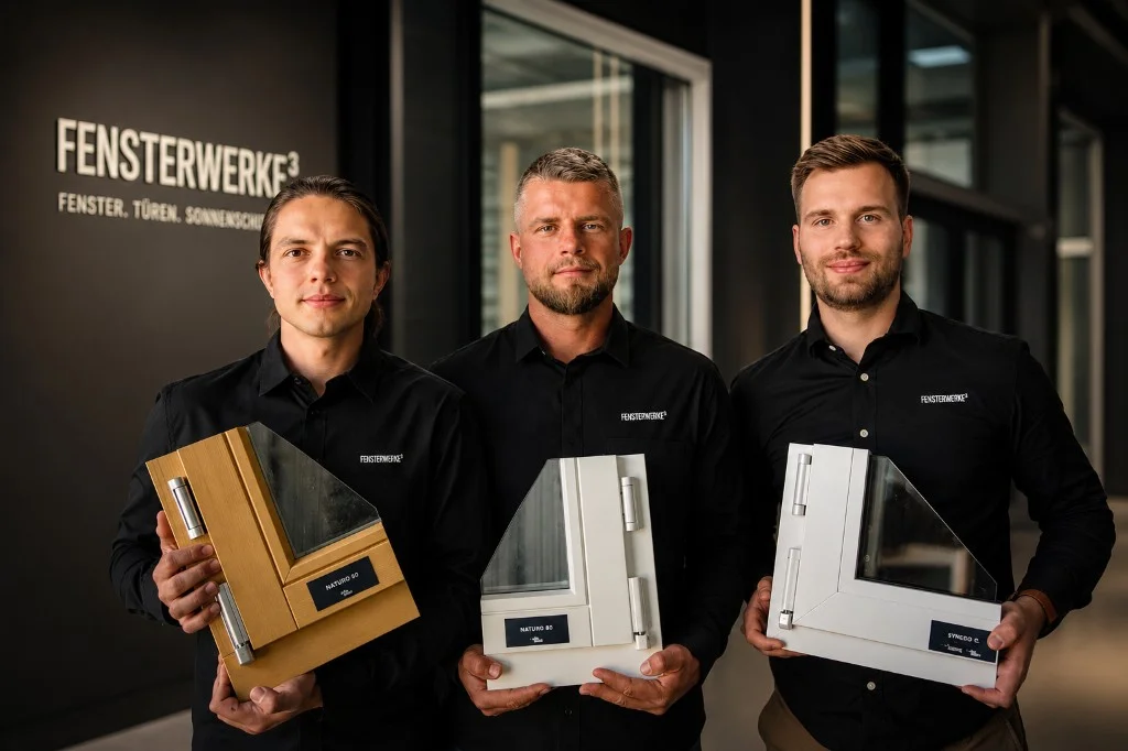 Das Team von Fensterwerke³ mit Fensterprofil-Mustern